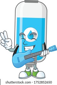 Happy face of wall hand sanitizer cartoon plays music with a guitar