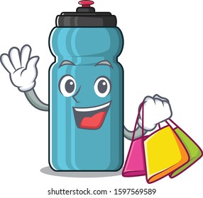 Happy face water bottle Scroll mascot style waving and holding Shopping bag