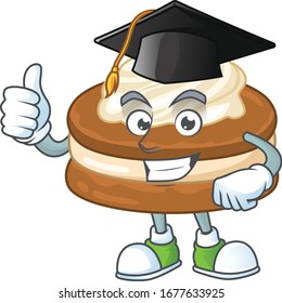 Happy face of white cream alfajor in black graduation hat for the ceremony