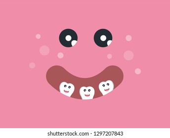 Happy face with white, smiling teeth, groomed teeth, dentistry, pink background