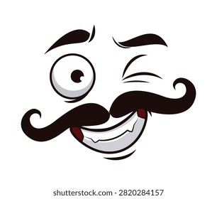 Happy face with winking eye of cheer emotion or flirt expression for cartoon emoji with mustaches. Funny cute face emoticon with cheerful glad look of felling cool or good vibe and positive mood