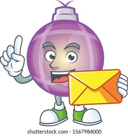 Happy face yellow christmas ball mascot cartoon style with envelope.