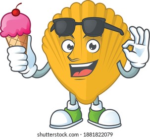 Happy face of yellow clamp cartoon mascot having an ice cream. Vector illustration