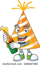 Happy face of yellow party hat cartoon design toast with a bottle of beer. Vector illustration