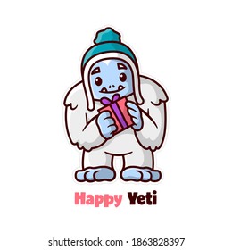 AN HAPPY FACE YETI MONSTER BRING A CHRISTMAS PRESENT ILLUSTRATION
