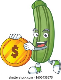 happy face zucchini cartoon character with gold coin
