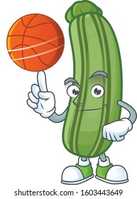 Happy face zucchini cartoon character playing basketball