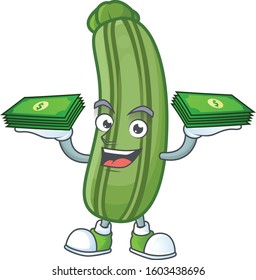 Happy face zucchini character with money on hand