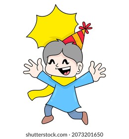 happy faced boy running around celebrating the new year, vector illustration art. doodle icon image kawaii.