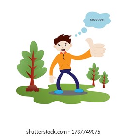 Happy faced boy with thumbs up gesture. Flat character vector illustration.