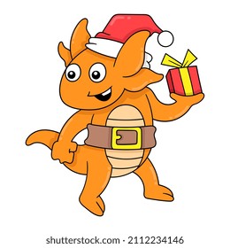 happy faced orange lizard creature brings christmas gifts, vector illustration art. doodle icon image kawaii.