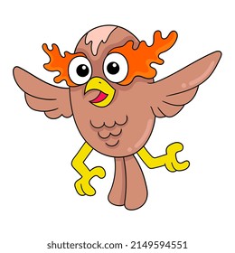 Happy konfrontierte Eule Fliegen, Vektorgrafik. doodle Symbol Bild kawaii.