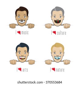 happy faces with big smile including, containing musical, arts, cultural and natural symbols or motives