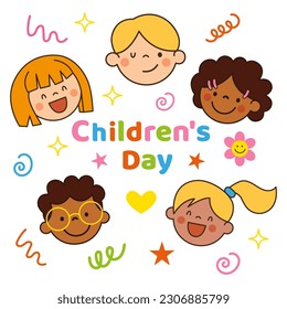 Happy faces Kids on colorful banner in doodle style. Children's Day holiday. Characters boys and girls. Childish Scribble elements decoration. Vector illustration