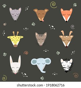 Happy faces of pets, cute animals on gray, set for baby cards, textile print. Wolf, dog, fox, giraffe, domestic cat, zebra, rabbit, elephant, deer. Children's vector illustration. Kid room decoration