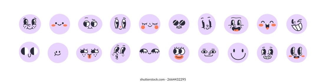 Caras felices con emociones positivas, expresiones cómicas. Conjunto de personajes emoji divertidos. Lindos emoticonos con diferentes sentimientos, sonriendo y riendo. Ilustración vectorial plana aislada sobre fondo blanco