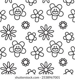 Caras felices - Caras sonrientes - Flor - Patrón floral sin fisuras - Blanco y negro