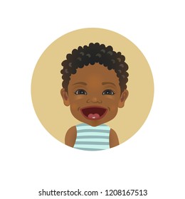 Happy facial expression. Afro American baby emoticon. Smiling African child emoji. Cute black skin cheerful toddler avatar vector illustration