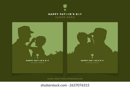 Happy faher's day social media template background, square banner of a silhouette  daughter saluting his father who is a soldier