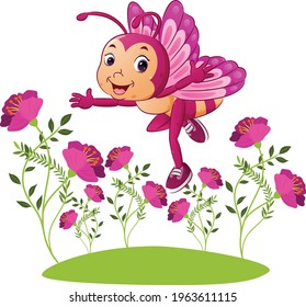 The happy fairy of butterfly is flying on the garden full of the flowers of illustration