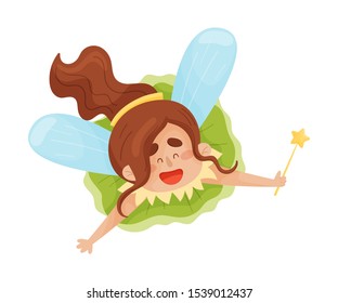 Happy fairy with wings in a green dress. Vector illustration on a white background.