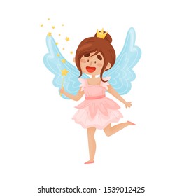 Happy fairy with wings in a pink dress with a crown on her head. Vector illustration on a white background.