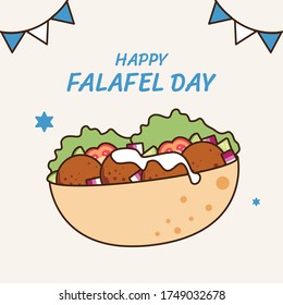Happy falafel day: full of meat balls and fresh vegetables with white sauce in pita. Traditional food icon vector illustration flat design drawing.
