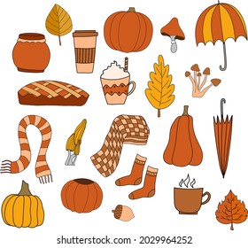 Happy fall autumn vector isolated elements set. Decration items - socks, pie, leaves, scarf, umbrella, acorn, coffee, blanket, pumpkin, mushrooms