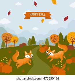 Happy fall. Awesome cartoon illustration. Autumn landscape with blue sky, green meadow and foxes. Wild animals in forest.