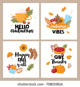 Happy Fall card set. Tags, stickers or poster for printing. Autumn vibes. Illustration with hand written text. Different elements of autumn. Thanksgiving Day.