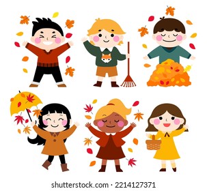 Happy fall cartoon illustration, children in fall character design