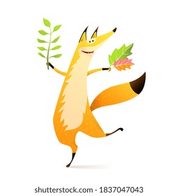 zorro feliz de otoño bailando con hojas de otoño, dibujos animados para los niños. Caricatura del estilo de las acuarelas vectoriales.