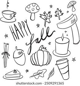 Happy fall doodles with isolated autumn objects including pumpkin, mushrooms and candle