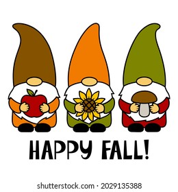 Happy Fall. Gnomes with a apple, sunflower, mushroom. Thanksgiving Day. Vector illustration. Funny characters. Autumn symbols. Isolated on white background. For T-shirts, paper cut, postcards.