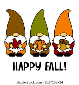 Happy Fall. Gnomes with a maple leaf, pumpkin, acorn. Thanksgiving Day. Vector illustration. Funny characters. Autumn symbols. Isolated on white background. For T-shirts, paper cut, postcards.