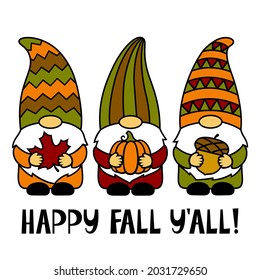 Happy Fall. Gnomes with a maple leaf, pumpkin, acorn. Thanksgiving Day. Vector illustration. Funny characters. Autumn symbols. Isolated on white background. For T-shirts, paper cut, postcards.