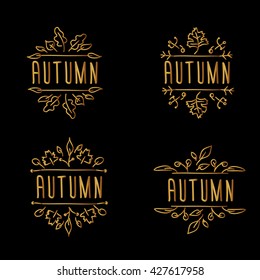 Happy Fall. Hand-sketched gold typographic element with leaves on black background.