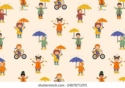 Happy fall kids pattern. Children’s autumn activities pattern. Children playing with leaves, riding a bike, and holding umbrellas in the rain. Vector flat iwallpaper on beige background. 