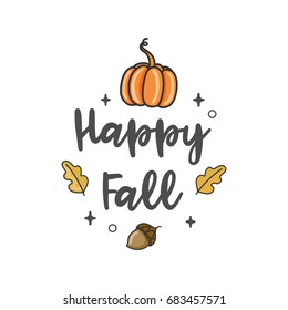 Happy fall lettering typography with pumpkin, leaves, acorn. Autumn related colorful hand drawn doodle icons.