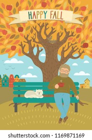 Happy Fall. Happy man sitting on the bench under the autumn tree with cup of tea or coffee. Cute original vector illustration.