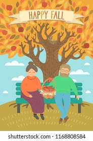 Happy Fall. Man and woman sitting on the bench under the autumn tree with basket of just harvesting apples. Cute original vector illustration.