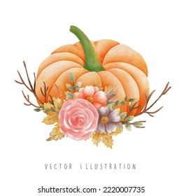 caída feliz con calabaza y hojas y flores caídas, ilustración vectorial