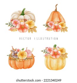 happy fall with pumpkin and fall leaves and flowers, vector illustration