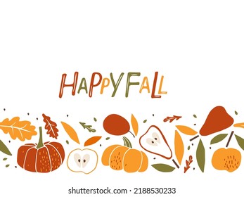 Happy Fall Seamless border. Fruits, vegetables with leaf hand drawn sketch isolated. Whole fruit, cut half. Autumn vector illustration for wallpaper. Harvest template for menu, cover, nursery design.