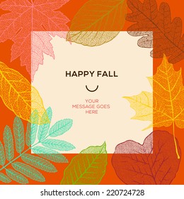 Happy fall template with autumn dry leaves and simple text, vector illustration. 