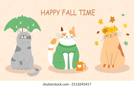 Happy fall time. Collection of cats in autumn. Social media stickers. Picture for printing on childrens clothes. Decoration for poster and banner, greeting card. Cartoon flat vector illustration