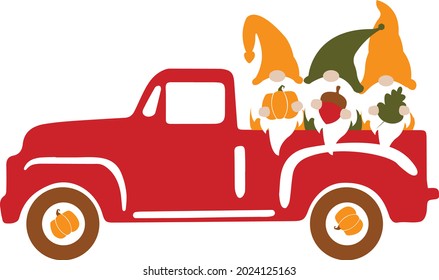 Happy fall truck with fall gnomes svg vector Illustration isolated on white background. Thanksgiving truck with autumn gnome sublimation. Fall sublimation autumn shirt design. Thanksgiving shirt svg