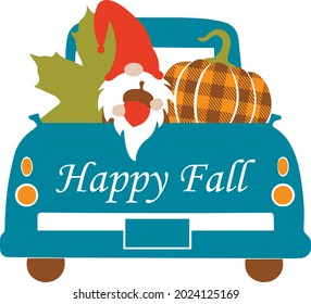 Happy fall truck with fall gnomes svg vector Illustration isolated on white background. Thanksgiving truck with autumn gnome sublimation. Fall sublimation autumn shirt design. Thanksgiving shirt svg