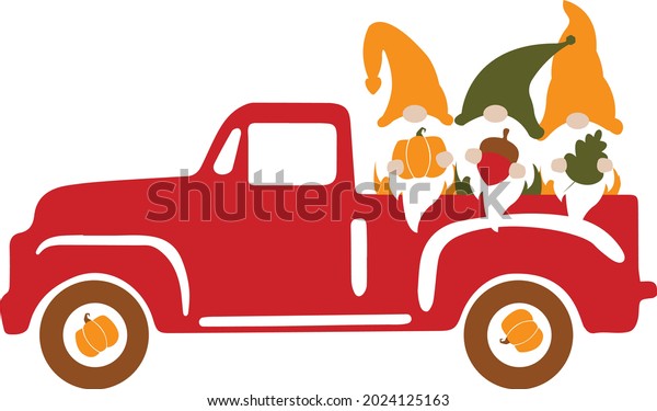 Happy fall truck with fall gnomes svg vector\
Illustration isolated on white background. Thanksgiving truck with\
autumn gnome sublimation. Fall sublimation autumn shirt design.\
Thanksgiving shirt