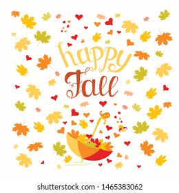 Happy Fall typography banner. Maple colorful leaves, hand drawn lettering autumn design element stock vector illustration for web, for print